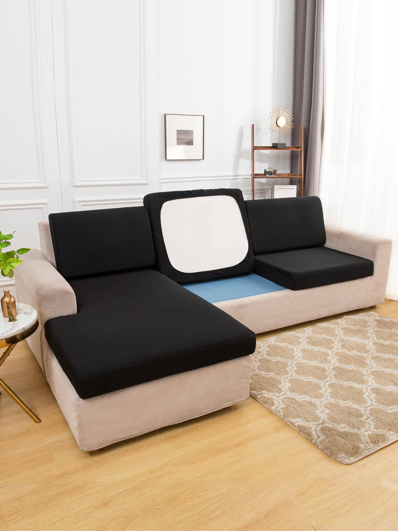 1pc Stretchy Sofa Seat Cushion Cover, Plain Sofa Cover, For Bed Couch Sofa - Black - View 1