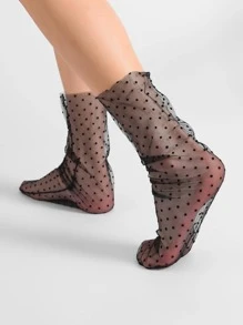 Polka Dot Crew Socks, Fall Socks - Black - View 3