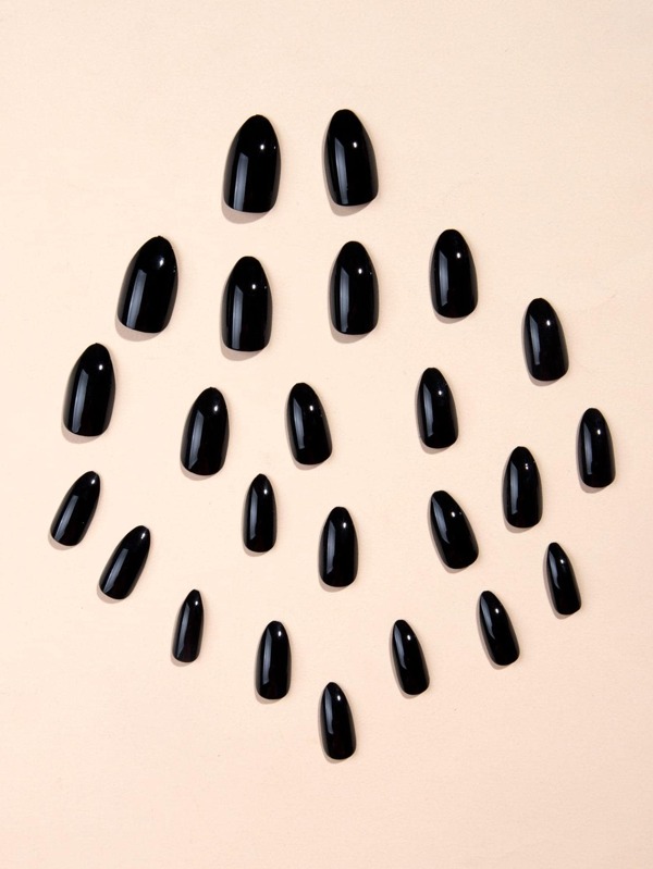 Transform Your Nails with 24pcs Long Almond Black Solid Glossy Plain
