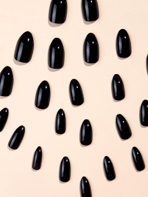 Transform Your Nails with 24pcs Long Almond Black Solid Glossy Plain