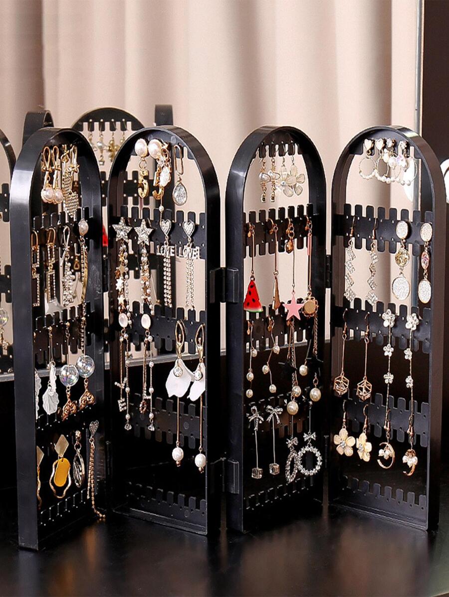 1pc Plastic Jewelry Storage Rack, Clear Foldable Jewelry Tower Stand For Home, Back To School Supplies - Black - View 1