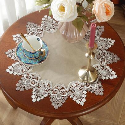1 件 100% 涤纶咖啡色刺绣蕾丝镂空圆形桌布，适用于厨房、餐桌、书桌、咖啡桌、梳妆台、梳妆台围巾、家居装饰、客厅、卧室、庭院、室内/室外、露营、别墅、假日、派对、橱柜、家庭聚会、节日装饰