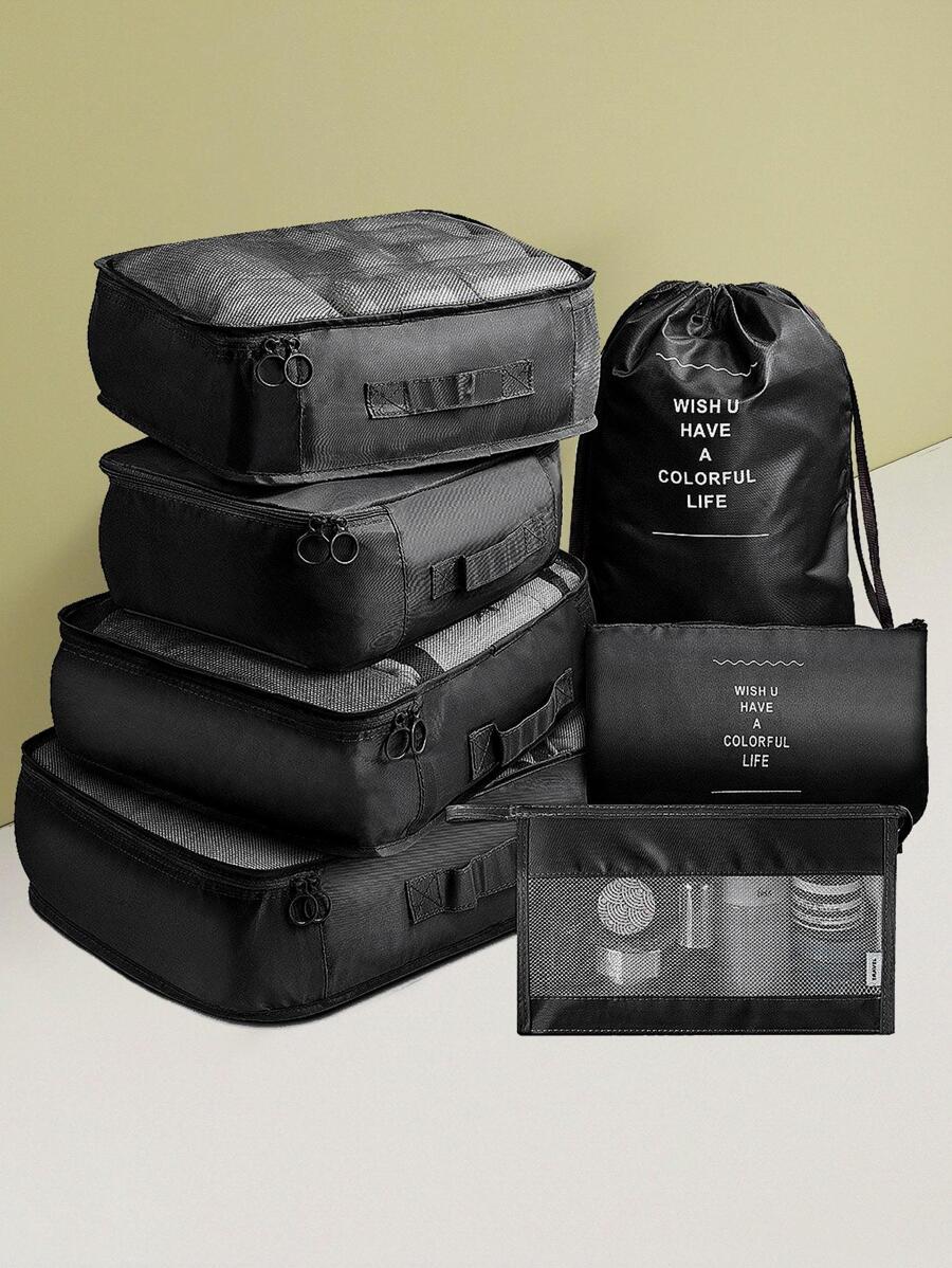 7pcs Slogan Graphic Travel Storage Bag, Black Multifunction Packing Bag For Travel,Boho Vibes - Black - View 1