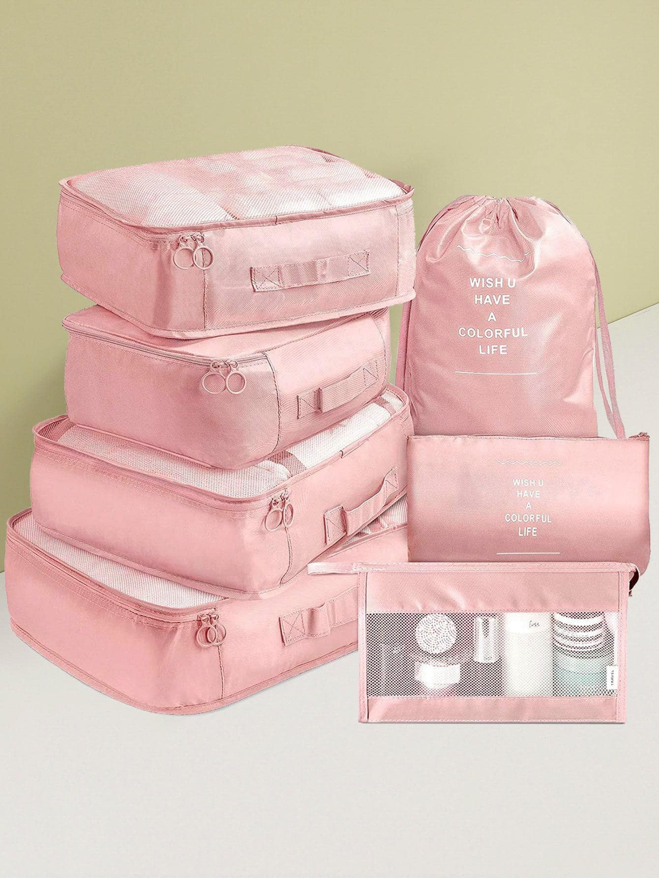 Túi đựng đồ du lịch di động 7 chiếc, Túi đựng quần áo đa năng màu hồng khi đi du lịch, Phong cách Boho - Hồng - Xem 1
