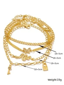 4 Piezas Vintage Y Glamoroso Rhinestone Incrustado Mariposa Y Cerradura De Serpiente Colgante De Tobillo Para Regalos De Fiesta De Mujeres - Dorado - Ver 5