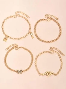 4 Piezas Vintage Y Glamoroso Rhinestone Incrustado Mariposa Y Cerradura De Serpiente Colgante De Tobillo Para Regalos De Fiesta De Mujeres - Dorado - Ver 3