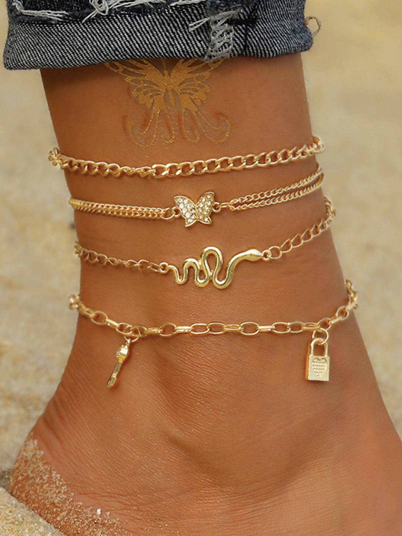 4 Piezas Vintage Y Glamoroso Rhinestone Incrustado Mariposa Y Cerradura De Serpiente Colgante De Tobillo Para Regalos De Fiesta De Mujeres - Dorado - Ver 1