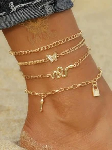 4 Piezas Vintage Y Glamoroso Rhinestone Incrustado Mariposa Y Cerradura De Serpiente Colgante De Tobillo Para Regalos De Fiesta De Mujeres - Dorado - Ver 4