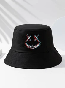 男士表情印花渔夫帽户外休闲骷髅头男士遮阳帽夏季帽子，适合徒步、钓鱼等夏季户外活动 - 黑色 - 查看 1