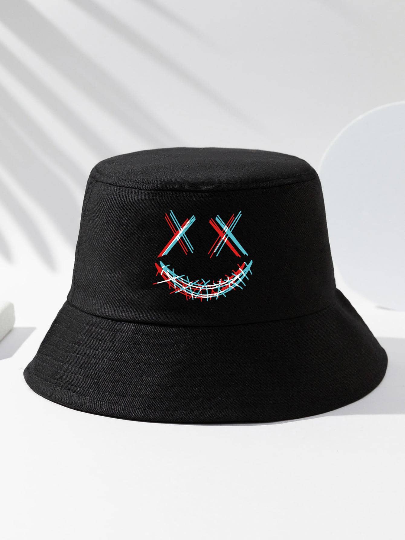 男士表情印花渔夫帽户外休闲骷髅头男士遮阳帽夏季帽子，适合徒步、钓鱼等夏季户外活动 - 黑色 - 查看 1