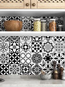 1 miếng dán nhà bếp in hoa chống thấm nước - Đen và trắng - Xem 2