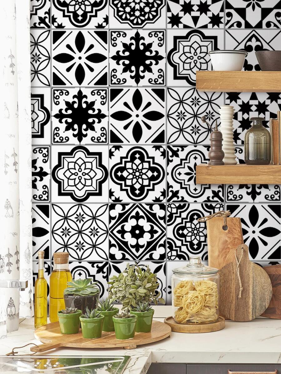 1 miếng dán nhà bếp in hoa chống thấm nước - Đen và trắng - Xem 1