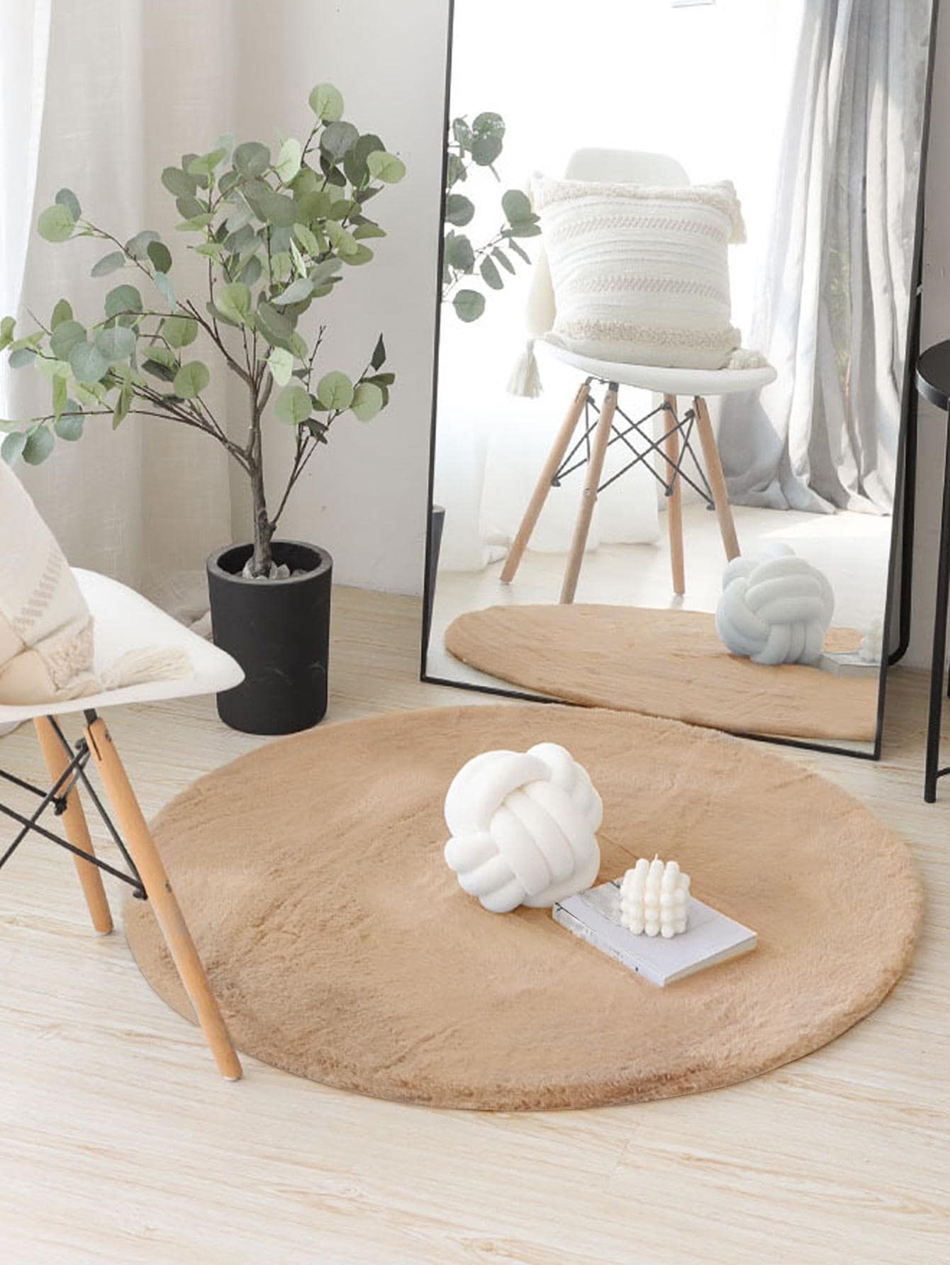 1入組素色圓形地毯現代亞克力家用地板地毯 - 卡其色 - 查看 1