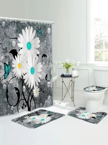 1入組花卉印花浴毯或1入組浴簾現代花卉和蝴蝶印花滌綸窗簾或浴室浴毯 - 彩色 - 查看 1