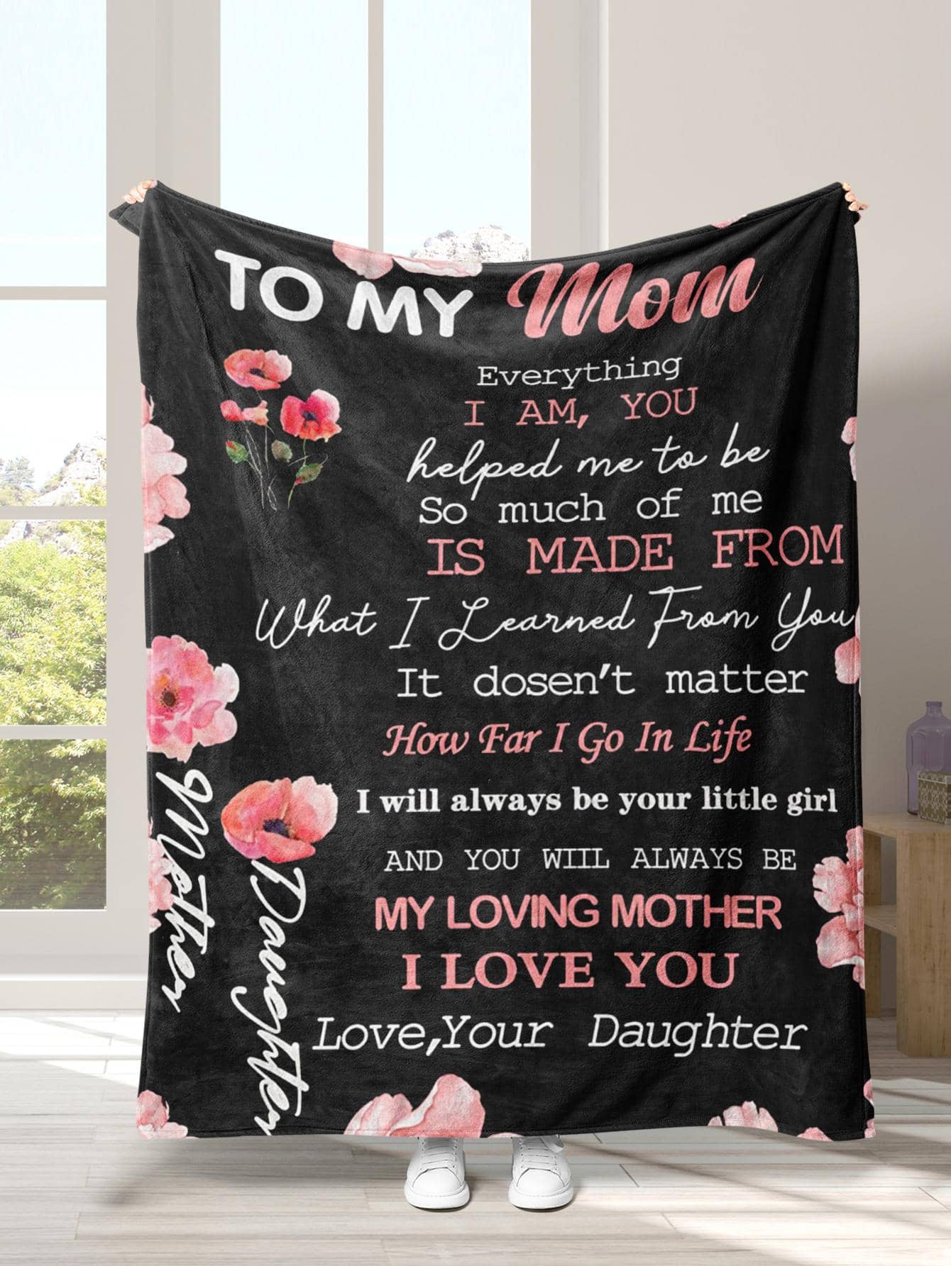 1入組花卉和標語圖案毯子現代面料睡毯適用於床上家庭母親節禮物