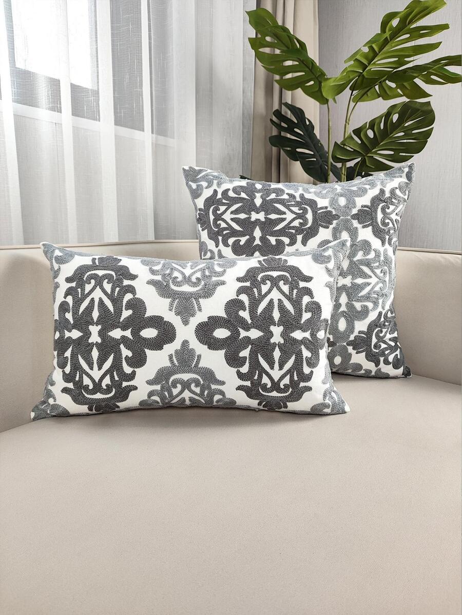 1入組卷軸刺繡靠墊套不附帶墊芯 - 灰色 - 查看 1