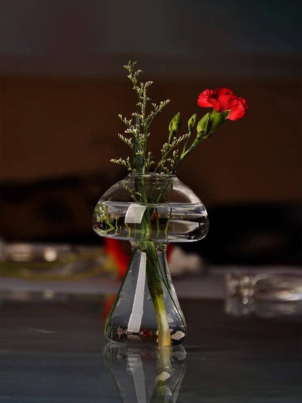 1pc Glass Flower Vase, Cute Clear Mushroom Design Vase For Home Decor