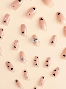 24pcs 3D Heart & Rhinestone Rhinestone Bare Pink Artificial Nail Tips Kit, Includes 1 Gel Polish & 1 Nail File Press On Nails