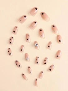 24pcs 3D Heart & Rhinestone Rhinestone Bare Pink Artificial Nail Tips Kit, Includes 1 Gel Polish & 1 Nail File Press On Nails