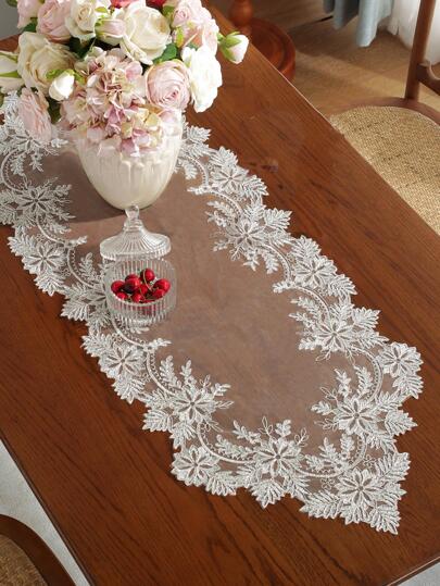 1pc 100% Polyester Embroidered Table Runner, Silver Embroidery Thread, Wedding & Party Tablecloth