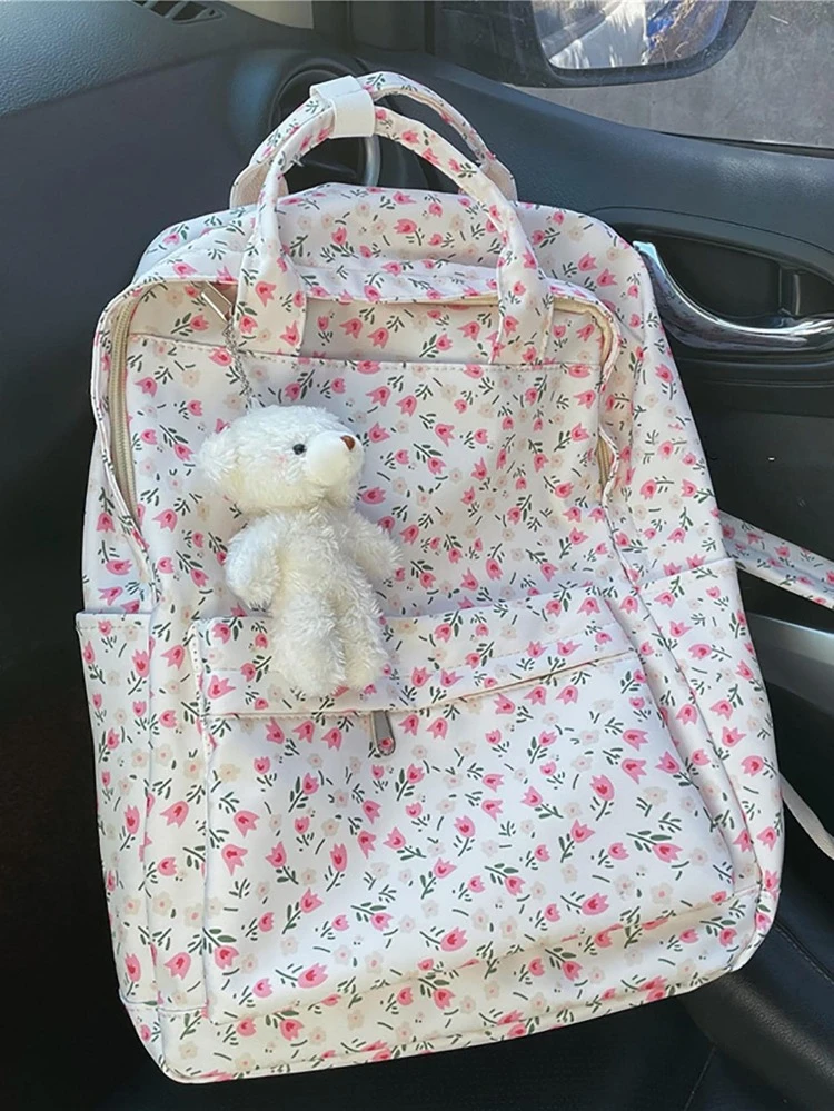 Medium Fashion Backpack Flower Pattern With Bag CharmSchool Backpack,School BagLarge Capacity,Classic,Casual,CuteFor Teen Girls Women College StudentsCollege,Middle School, High School,Outdoors, Travel, Outings,Back To School, School Supplies,Backpack For School,School Bookbag,Cute