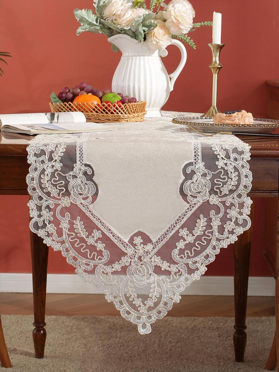 1pc Floral Embroidered Table Runner - Beige - View 1