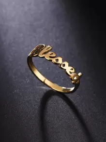 1入組字母裝飾戒指,不銹鋼首飾類 - 金黃色 - 查看 2