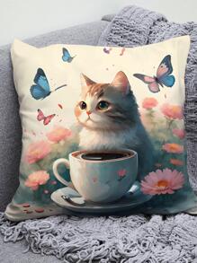 1入組貓圖案靠墊套無填充物卡通布藝家居裝飾枕套 - 彩色 - 查看 1