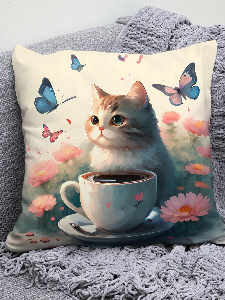 1入組貓圖案靠墊套無填充物卡通布藝家居裝飾枕套 - 彩色 - 查看 1