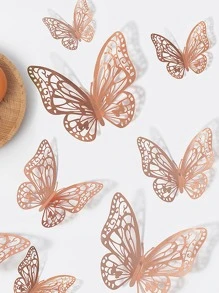 12/6 piezas Mariposa hueca de 3D de doble capa, de color blanco iridiscente, para decorar pasteles - Oro rosa - Ver 3