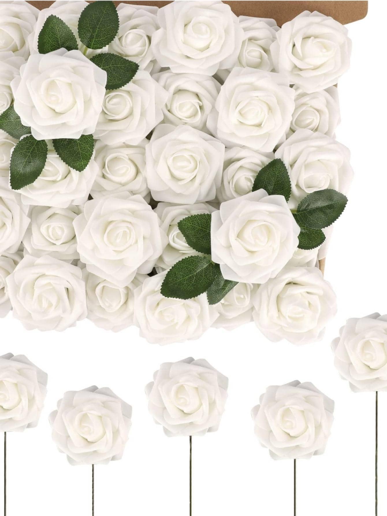 25 件/盒人造玫瑰，5 色粉色和 5 色紫色假泡沫玫瑰带茎，假玫瑰适用于 DIY 婚礼花束、家居装饰、派对、节日、花园装饰、情人节、圣诞节装饰 - 白色 - 查看 1