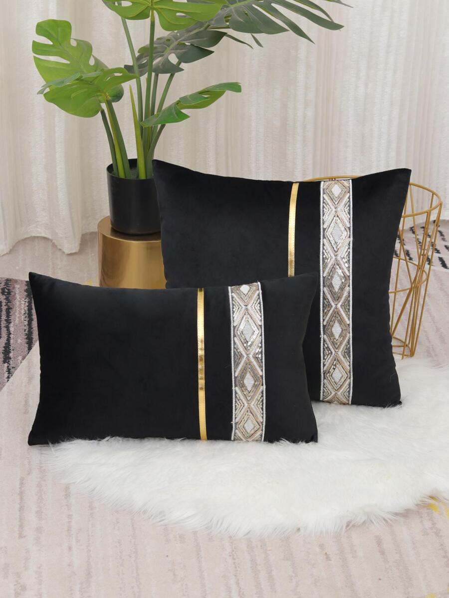 1pc Patchwork Cushion Cover Without Filler, Modern Woven Fabric Pillow Cover For Home Decor - Black - View 1