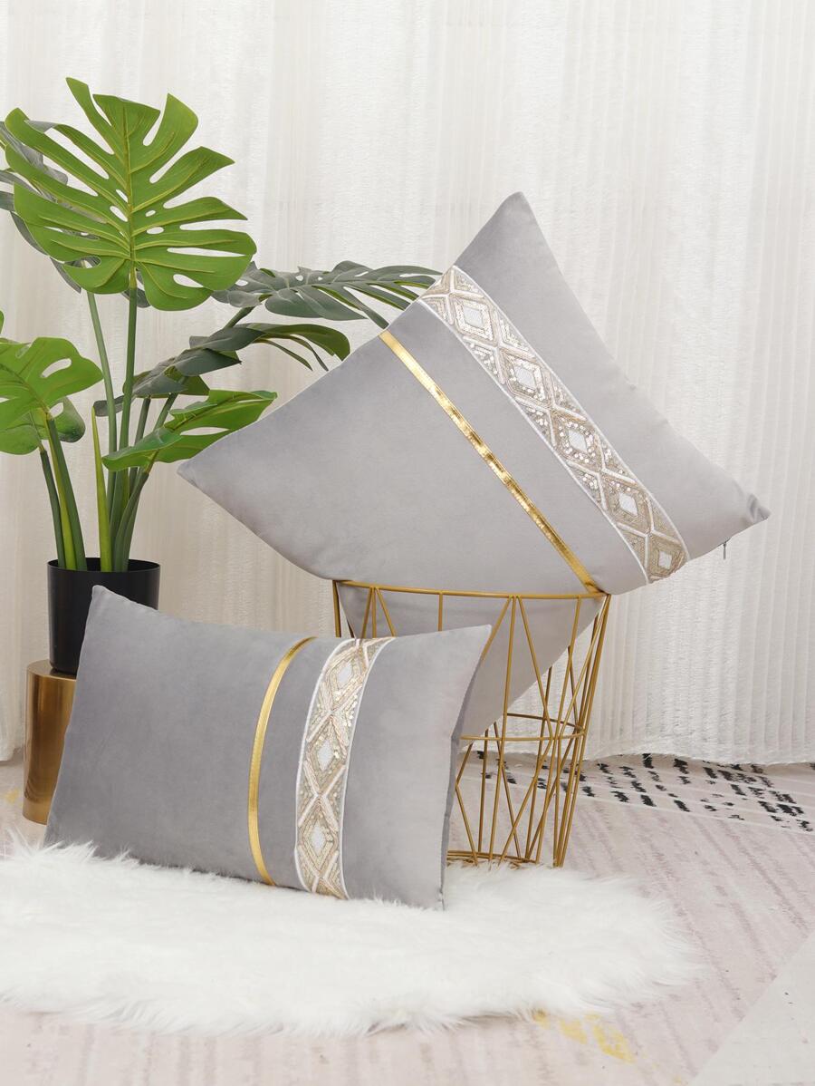 1pc Geometric Jacquard Cushion Cover Without Filler, Modern Woven Fabric Decorative Throw Pillow Case For Living Room, Home Decor - Light Grey - View 1