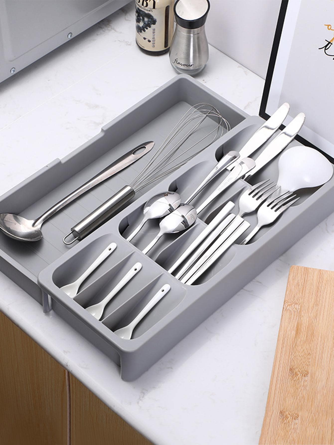 1pc Multi-grid Flatware Storage Box - Grey - View 1