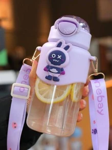 1pc Cartoon Style Water Bottle With Straw - Purple - View 1