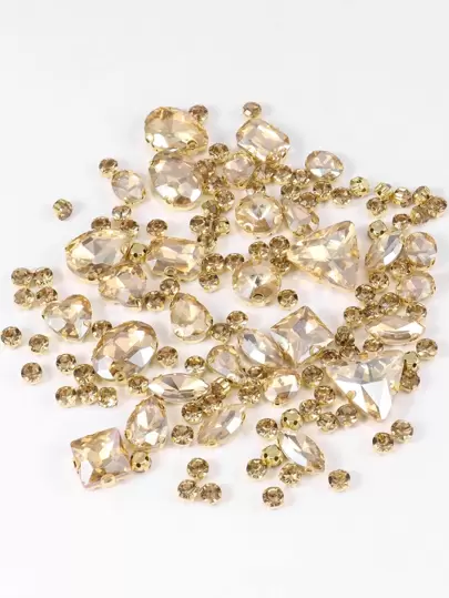 1 Pack Of Approx. 130 Gold Metal Sew On Mix Shape Rhinestone Glass Gems, Silver