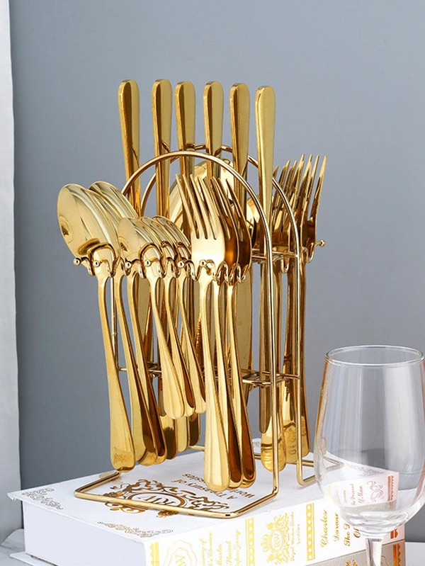 24pcs Stainless Steel Cutlery Set With Storage Rack, Minimalist Golden