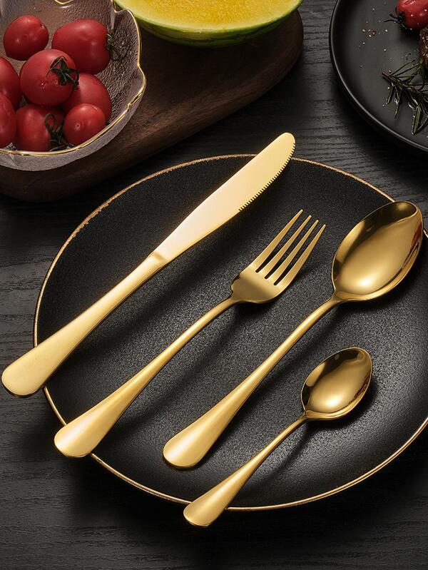 24pcs Stainless Steel Cutlery Set With Storage Rack, Minimalist Golden