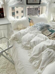 3 Cái/bộ Đồng Màu Túi Đựng Chăn Màn Bộ (1 Túi Đựng Chăn Màn & 2 Áo Gối Chần Gòn) Tối Giản Polyester Ren Viền Bộ Chăn Ga Gối Cho Gia Đình - trắng - Xem 4