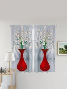 2入組/套花卉和花瓶圖案窗簾適用於臥室和客廳現代滌綸窗簾 - 紅色 - 查看 5