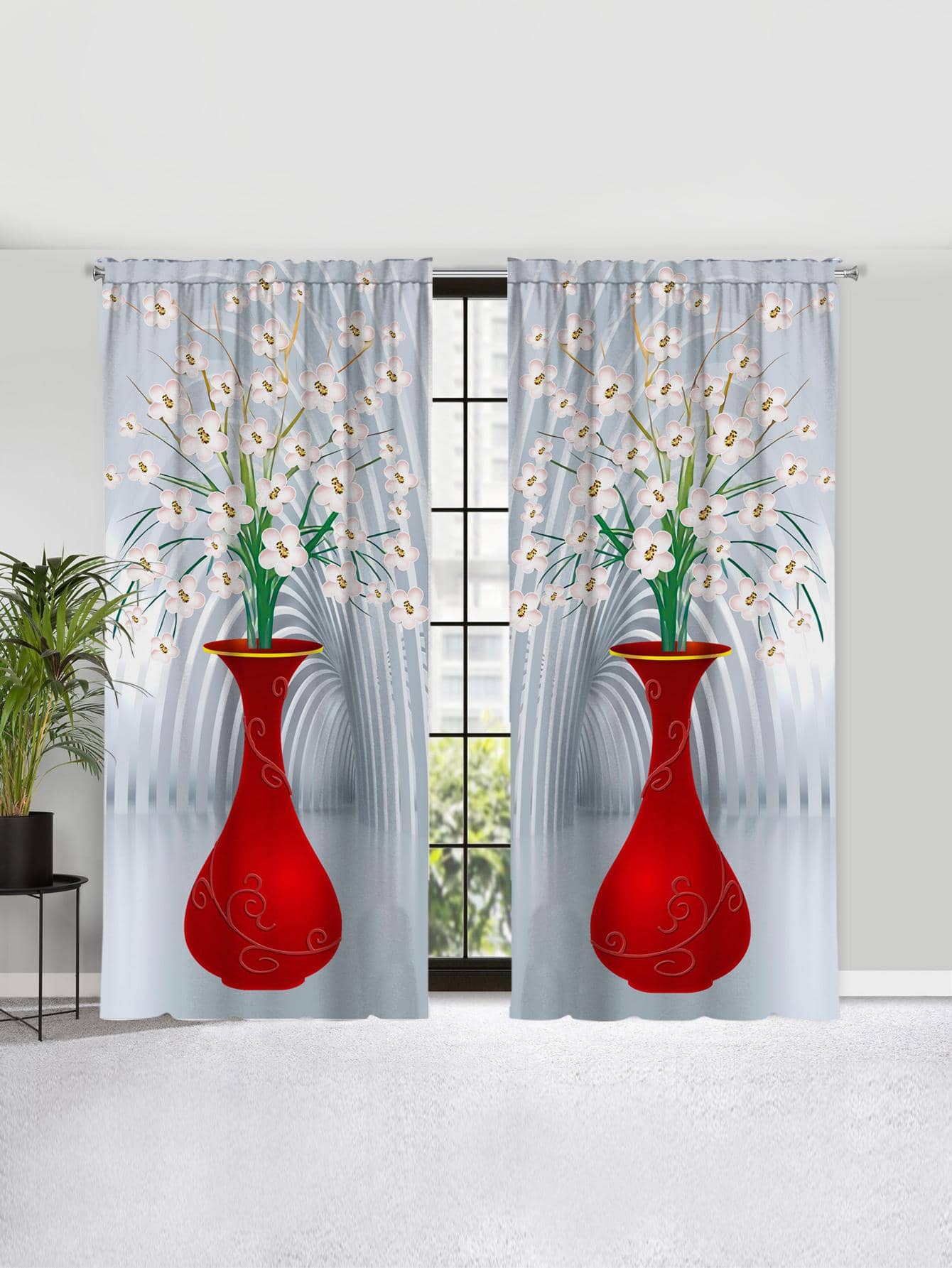 2入組/套花卉和花瓶圖案窗簾適用於臥室和客廳現代滌綸窗簾 - 紅色 - 查看 1