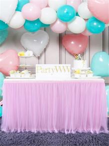 1pc Mesh Table Skirt, Pink Rectangle Table Skirt For Party - Baby Pink - View 3