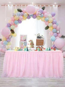 1pc Mesh Table Skirt, Pink Rectangle Table Skirt For Party - Baby Pink - View 1