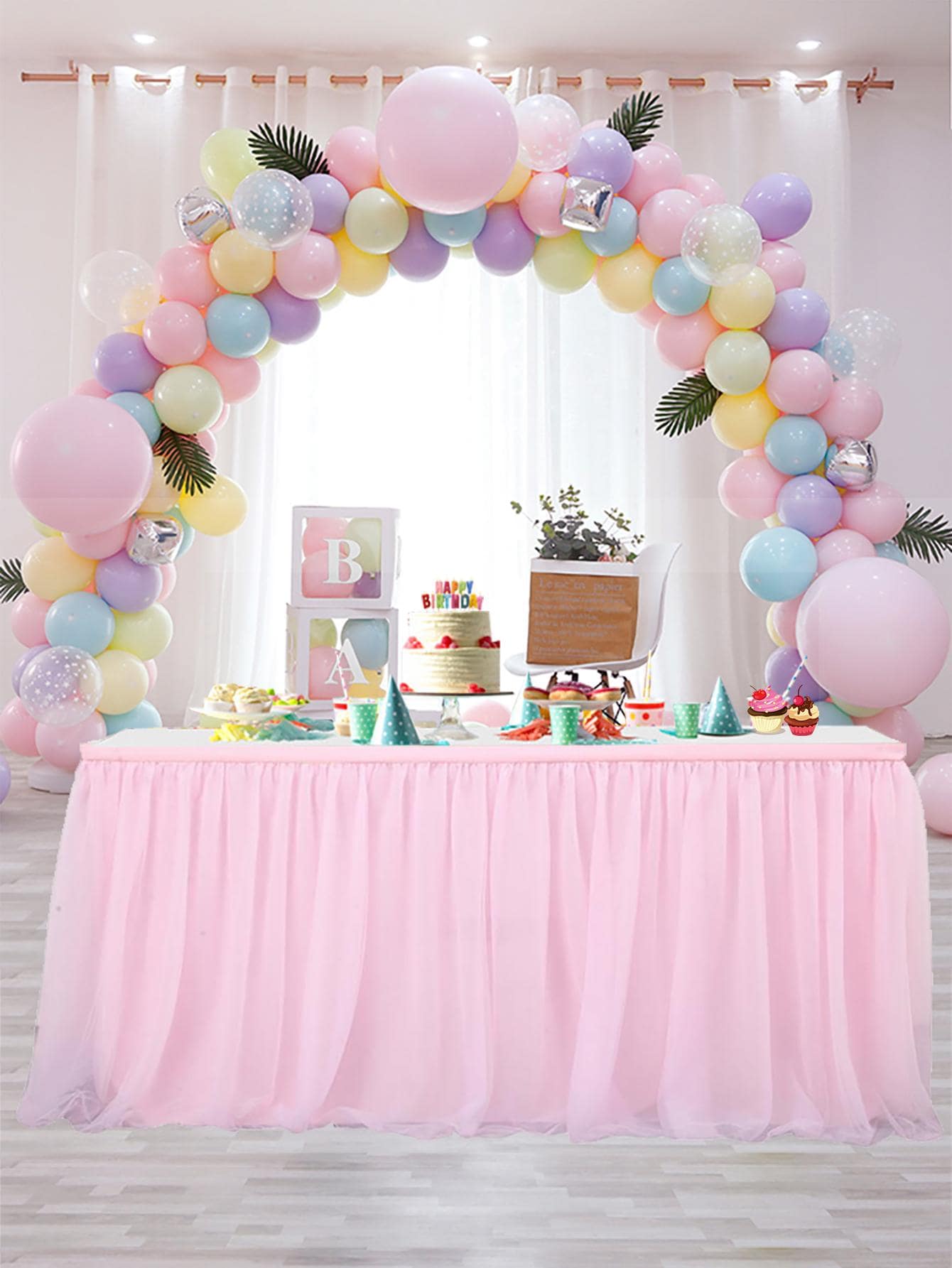 1pc Mesh Table Skirt, Pink Rectangle Table Skirt For Party - Baby Pink - View 1