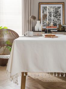 Bubaba 1pc Ivory-White Tablecloth, Rustic Farmhouse Solid Color Linen Tablecloth With Cream Tassels, Suitable For Dining Room, Kitchen, Tabletop, Party, Holiday, Hotel, Cafe, Bedroom, All Season - White - View 10