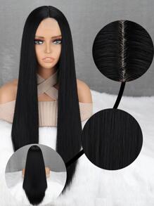 4X1 U形蕾絲長直型合成假髮 - 黑色 - 查看 2