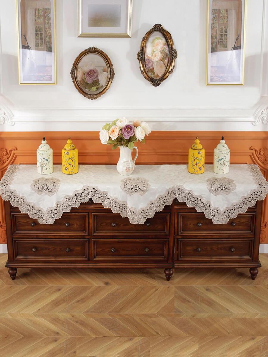 1入組花卉刺繡扇貝裝飾桌布波西米亞風格蕾絲刺繡設計桌布適合婚禮派對 - 米色 - 查看 1