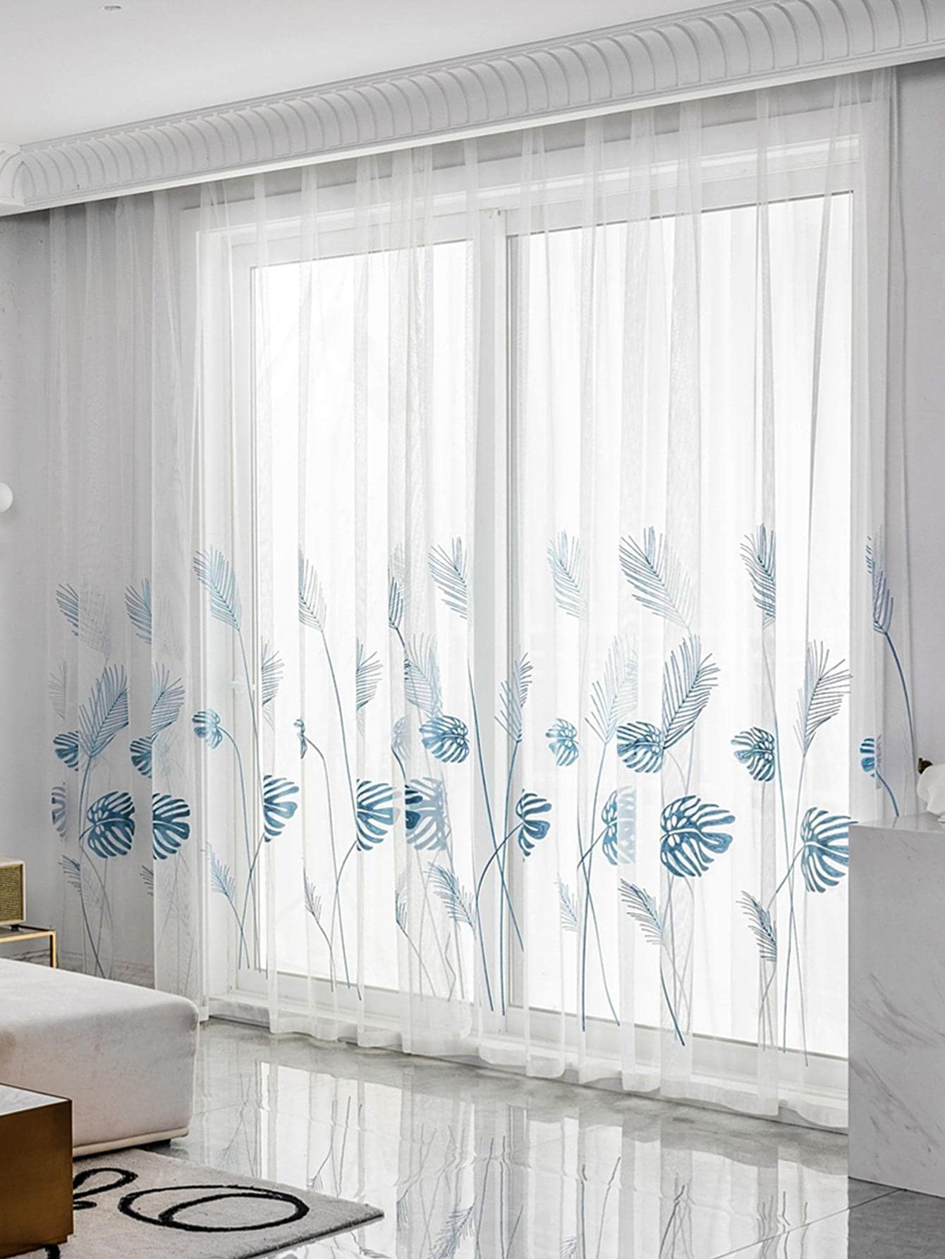 葉子刺繡單面板透明窗簾現代熱帶葉子刺繡濾光隱私透明窗簾適用於客廳和臥室 - 彩色 - 查看 1