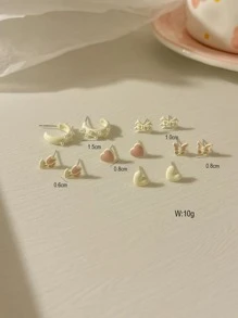 12pcs Heart & Bow Stud Earrings Valentines - Beige - View 3
