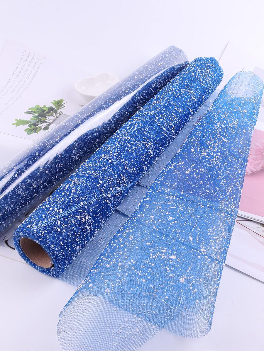 1pc Glitter Detail Gift Wrapping Paper, Simple Polyester Mesh Flower Wrapping Paper For Wedding, Party, Holiday - Blue - View 1